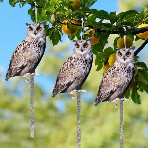 Vista 4 de Búho para mantener alejados a los pájaros, paquete de 3 búhos espantapájaros búho falso, decoración colgante reflectante para ahuyentar pájaros