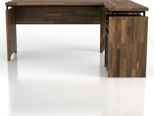 Vista 7 de 24/7 Shop at Home Deandre Farmhouse - Escritorio de computadora de madera en forma de L con 1 cajón con estante ajustable, puerta de gabinete