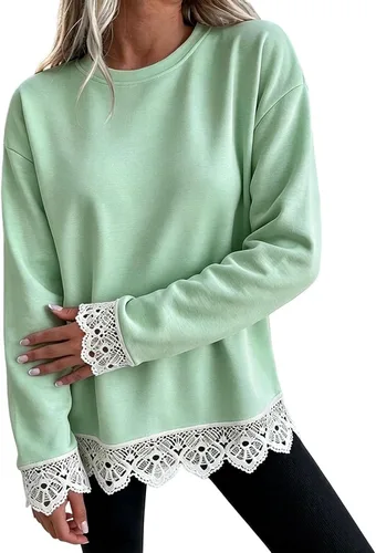 Vista 16 de Fall Sweatshirts for Women Crewneck Scalloped Lace Trim Cute Pullover Tops Lightweight Long Sleeve Polka Dot Sweatshirt,Oversized Leopard Print A
