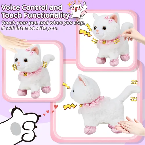 Vista 5 de Jimate Juguete electrónico interactivo de peluche robot que camina y ladra, gato de peluche con control remoto para niñas (gato blanco)