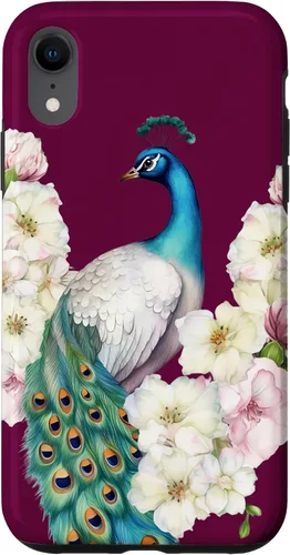 Vista 24 de iPhone 16 Peacock Bird with Long Feathers Watercolor Flowers Case