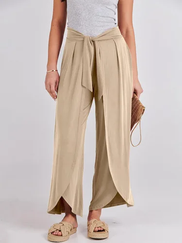 Vista 2 de ANRABESS Pantalones de verano de pierna ancha para mujer, con lazo frontal, holgados, de cintura alta, casual, con abertura, estilo bohemio, palazzo