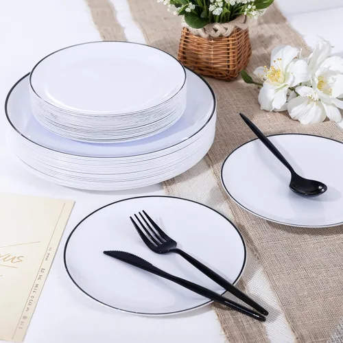 Vista 8 de EjonirInjonir 100 platos de plástico blanco con ribete negro resistentes Platos de plástico con borde blanco y negro
