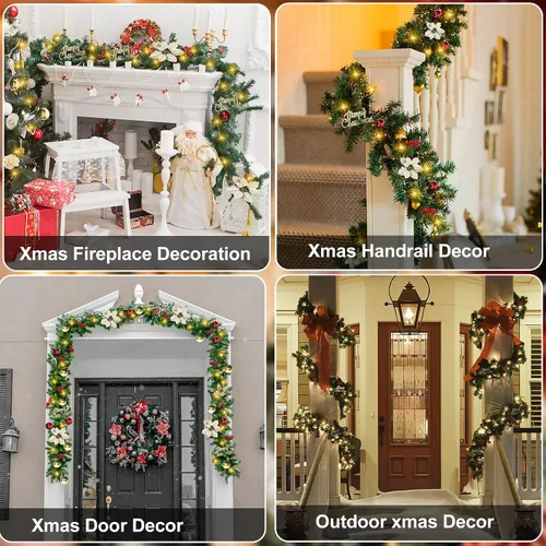 Vista 8 de JUNEBRUSHS Guirnalda de Navidad de 9 pies con luces, guirnalda decorativa con 50 luces LED, funciona con pilas, ratán verde artificial preiluminado