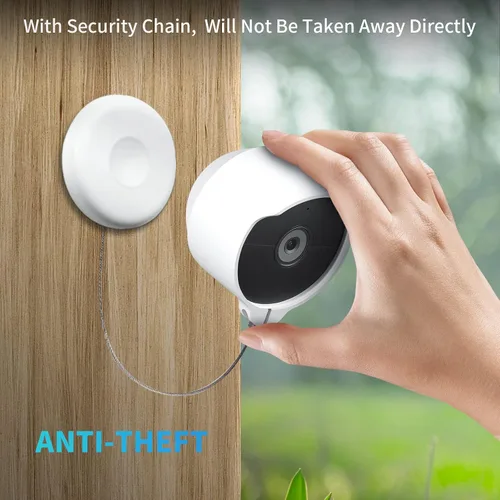 Vista 4 de Soporte antirrobo para Google Nest Cam (batería), cubierta protectora impermeable anticaída para cámara con cable de cadena de seguridad, accesorios