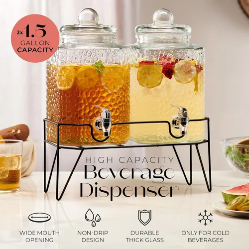 Vista 3 de Style Setter Dispensadores de bebidas de vidrio premium, 1.5 galones, juego Doble con soporte