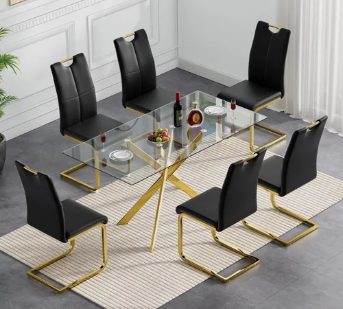 Vista 21 de Henf Juego de mesa de comedor de 5 piezas para 4, mesa de comedor rectangular de 51 pulgadas y 4 sillas de comedor de poliuretano gris carbón, mesa