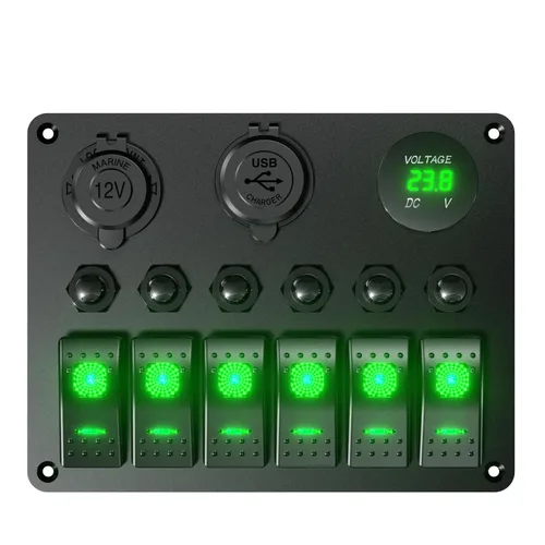 Vista 2 de Panel de interruptor basculante de barco marino impermeable de 6 bandas, protector de sobrecarga, 12-24 V, 36 W, cargador USB dual QC3.0