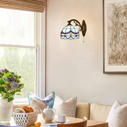 Vista 4 de Kwoking. Lámpara de pared estilo Tiffany vintage con interruptor de cadena - Lámpara de pared frontal de espejo para pasillo, vestíbulo, sala