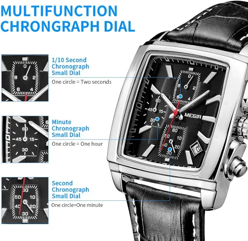 Vista 4 de MEGIR - Reloj analógico de cuarzo para hombre diseño rectangular con cronógrafo luminoso elegante correa de cuero adecuado para deporte y trabajo