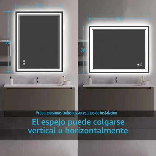 Vista 6 de Espejo de baño de 28 x 36 pulgadas con luces, regulable en 3 colores, sin