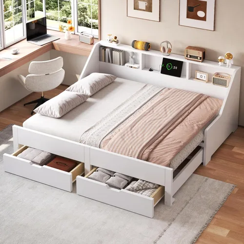 Vista 12 de JIVOIT Sofá cama extensible con cama nido y dos cajones de almacenamiento, marco de sofá cama de madera con soportes de listones de madera, diseño