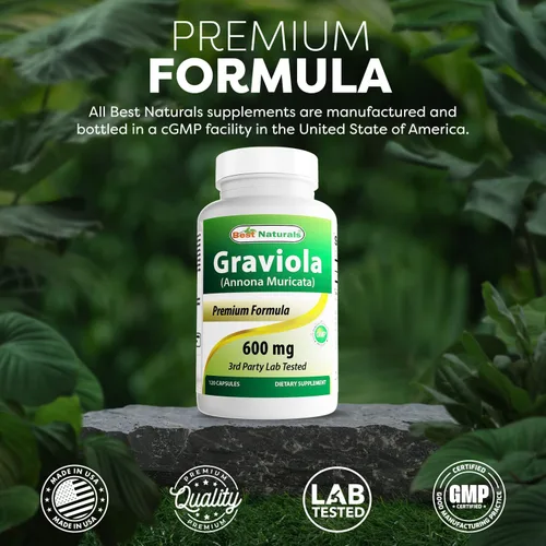 Vista 5 de Best Naturals Graviola Cápsulas (Annona Muricata), 600 mg, 120 unidades, también llamadas guanábana