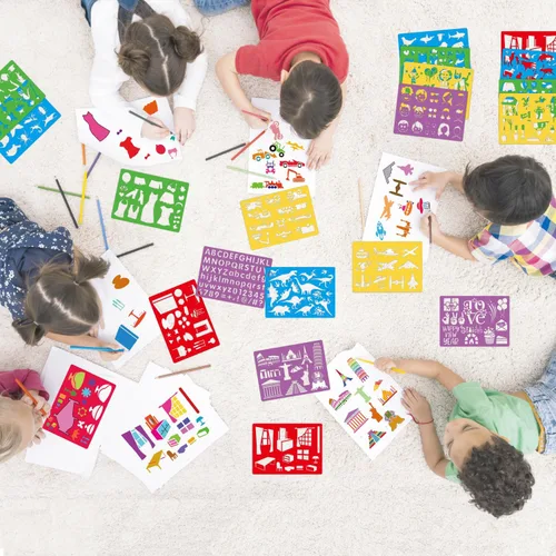 Vista 4 de Juego de 21 plantillas de dibujo para niños de más de 300 patrones diferentes para dibujar historias infantiles imaginativas, plantillas lavables