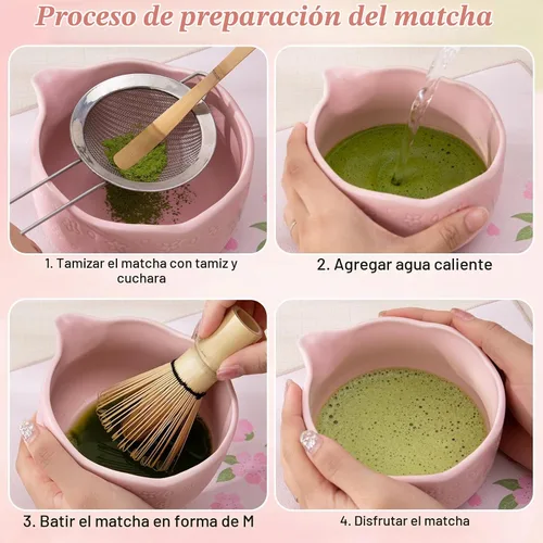 Vista 5 de ALBISS Juego de regalo de batidor de matcha, 7 piezas de cerámica con flor Rosa (Sakura Pink)