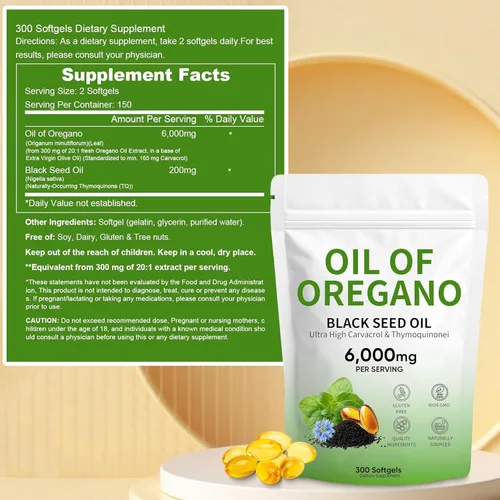 Vista 2 de Aceite de cápsulas blandas de orégano, con aceite de semilla negra y timoquinona, 300 unidades, 6000 mg, sin OMG, 2 en 1 formulado con Carvacro de 4
