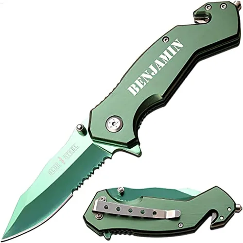 Vista 16 de GIFT INFINITY Navaja de bolsillo personalizada con grabado gratuito – Hoja de acero inoxidable media serrada, mango recubierto de titanio negro