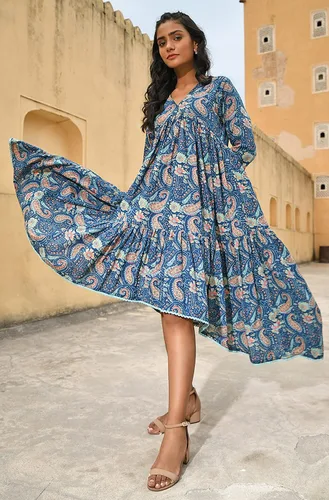 Vista 4 de Janasya Vestido indio de algodón verde azulado con estampado floral para mujer