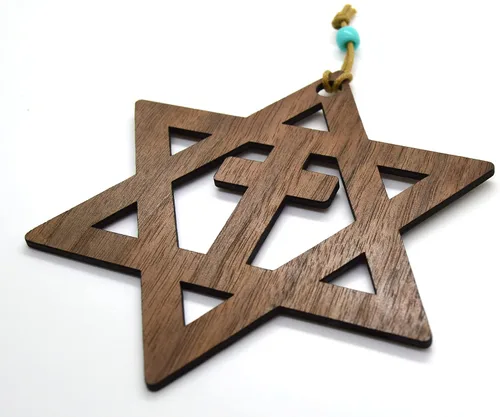 Vista 3 de Star of David with the cross walnut or Basswood wooden cutout ornament wall art 5" Messianic Jewish gift (Brown)