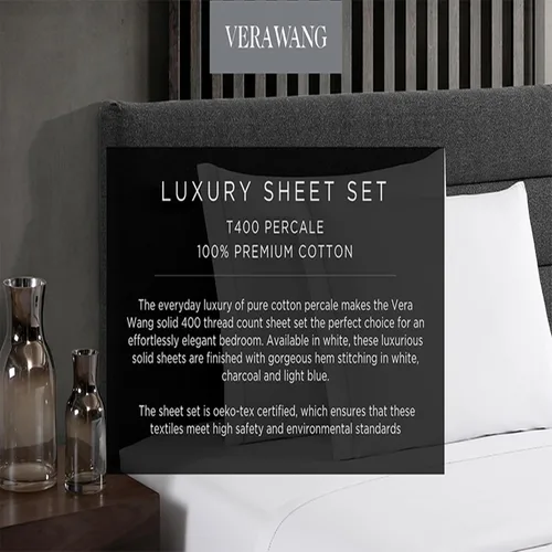 Vista 5 de Vera Wang - Sábanas tamaño Queen, juego de ropa de cama de percal de algodón, elementos esenciales para habitación (blanco, Queen)