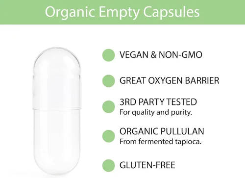 Vista 4 de KOYAH - Cápsulas orgánicas vacías de pululan, tamaño 00, 500 unidades Certificado orgánico, vegano, sin gluten, sin OMG, sin alérgenos, ideal