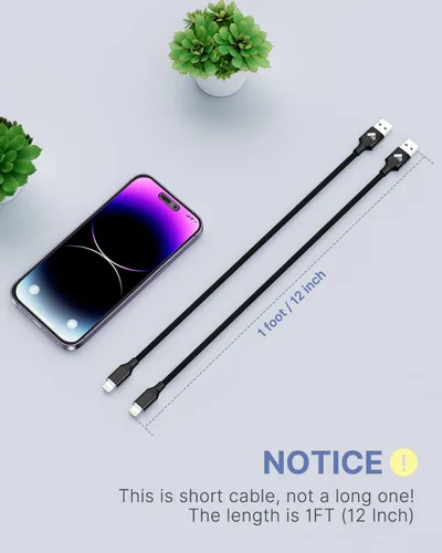 Vista 2 de Aioneus Cable Lightning corto de 1 pie, 2 unidades, [Certificado por Apple] Cable para iPhone de 1 pie de carga rápida de nailon trenzado de 12