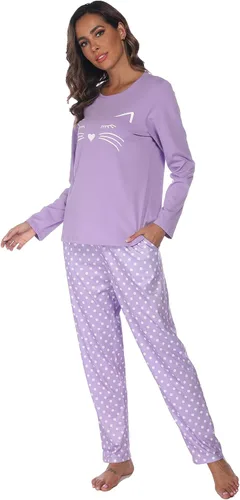 Vista 2 de Cotton Pajamas For Women, Long Sleeve Sleepwear with Long Pants, Cat Printed Pj Loungewear Sets, PJ Set for Women