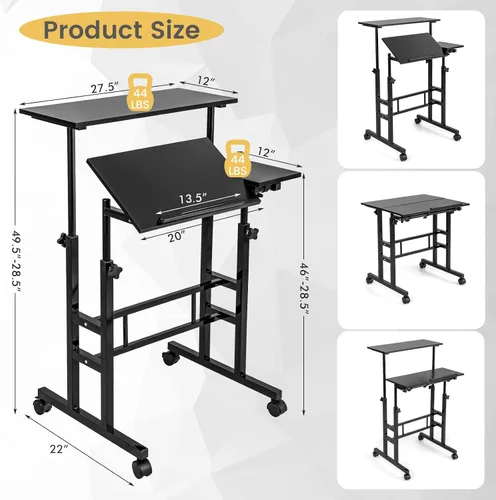 Vista 3 de COSTWAY Escritorio móvil de pie, carrito para laptop con escritorio abatible, mesa sobre la cama con ruedas, escritorio de computadora para estar
