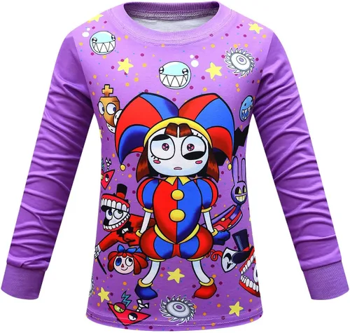 Vista 2 de Dmakifuz Disfraz de circuito digital para niños y niñas, conjunto de camiseta Pom-ni y pantalón de dibujos animados, 2 piezas, ropa de manga larga