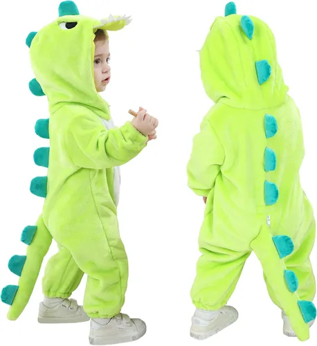 Vista 11 de TONWHAR - Disfraz de dinosaurio para niños pequeños, mameluco de animal para Halloween para niños y niñas Verde militar