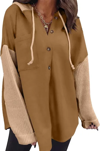 Vista 25 de SHEWIN - Sudadera de gran tamaño para mujer, de ajuste holgado, casual, manga larga, con botones, con capucha y bolsillos a gris