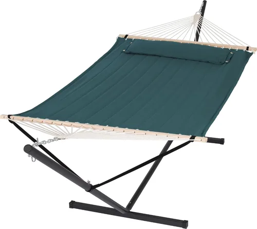 Vista 25 de SUNCREAT Hammocks Hamaca doble extragrande con soporte de 12 pies, capacidad de 475 libras, hamaca portátil al aire libre con barra separadora