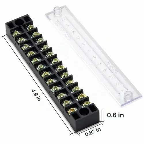 Vista 2 de Bloque de terminales y tira – 5 bloques de terminales de tornillo de doble fila de 12 posiciones de 600 V 15 A con cubierta + 10 tiras de puente