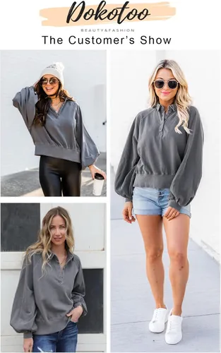 Vista 5 de Dokotoo Sudaderas de gran tamaño para mujer 2022 con manga de farol suelta y cuello de botón