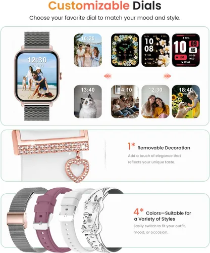 Vista 6 de Reloj inteligente para mujer, reloj inteligente Betatree de 1.85 pulgadas HD Full Touch iPhone Android (respuesta/hacer llamadas), rastreador