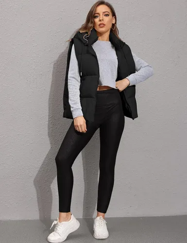 Vista 5 de Tanming Chaleco acolchado negro para mujer, con cremallera, ligero, sin mangas, para invierno, con capucha