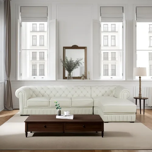 Vista 8 de FUOROLA Sofá modular de cuero genuino, juego de sofá en forma de L de lujo, muebles de sala de estar, sofá Chesterfield con diseño capitonado