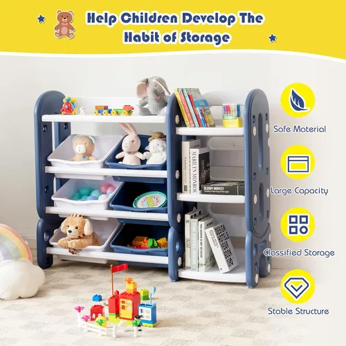Vista 6 de HONEY JOY Organizador de almacenamiento de juguetes para niños de 4 niveles con 6 contenedores, unidad de almacenamiento de juguetes 2 en 1