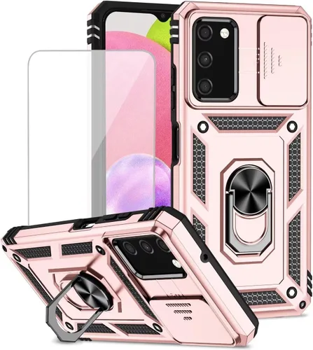 Vista 11 de Funda para Galaxy A03S, Samsung A03S SM-A037U con protector de pantalla de vidrio templado y cubierta de cámara deslizante, anillo magnético para Oro