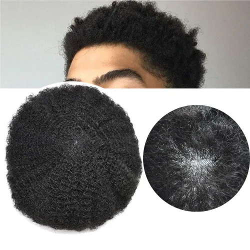 Vista 6 de Afro Toupee para hombres negros, unidad de pelo rizado rizado de poliuretano inyectado, cabello humano con ondas de polly afro, piezas de cabello #1