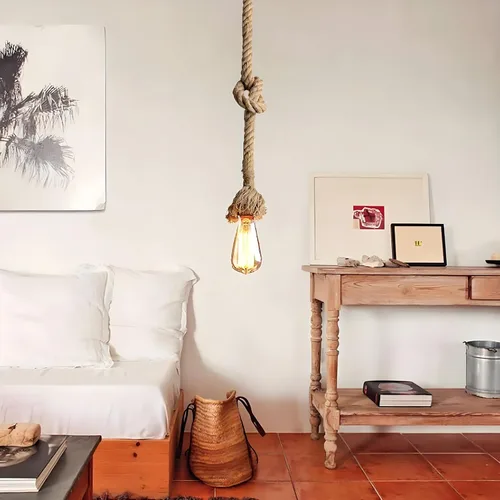 Vista 4 de Lámpara colgante de cuerda de cáñamo vintage de 1 cabeza de 4.9 ft, base E26/E27, lámpara de techo vintage, estilo retro para comedor, restaurante