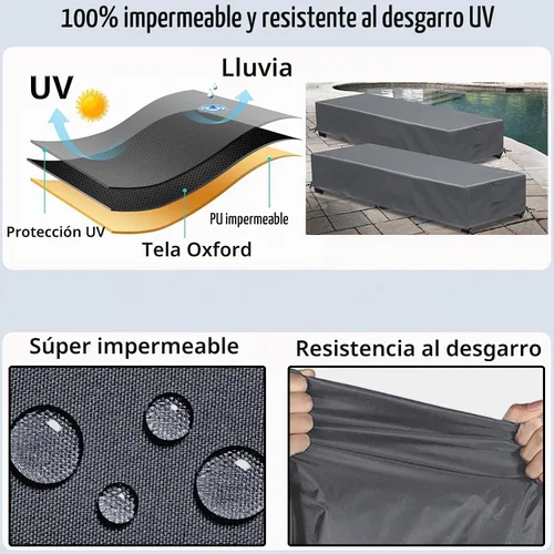 Vista 6 de Fundas Impermeables para Sillas Lounge de Patio, Paquete de 2, Fundas para Tumbonas de Exterior, Material 600D Resistente a la Intemperie Gris