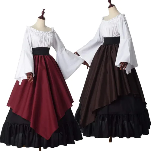 Vista 7 de BPURB Vestido medieval para mujer, disfraz renacentista (parte superior, falda y enagua)