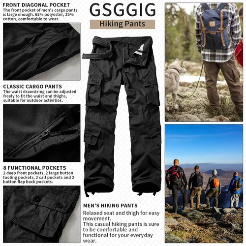 Vista 6 de Pantalones de senderismo para hombre al aire libre, pantalones tácticos, ligeros, informales, para trabajo, pantalones cargo Ripstop, con bolsillos