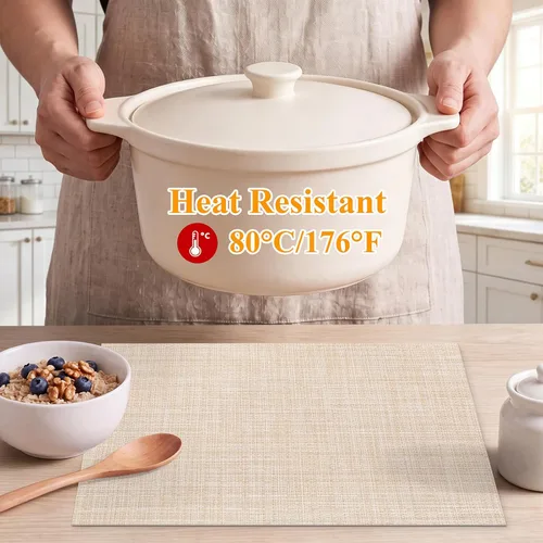 Vista 9 de SHACOS Beige Woven Placemats Set of 4 Place Mats Indoor Outdoor