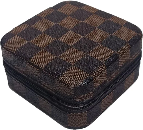 Vista 2 de Jemjosh Caja de joyería de viaje pequeña, caja portátil de cuero para joyería a cuadros, organizador de anillos, caja de almacenamiento, cajas