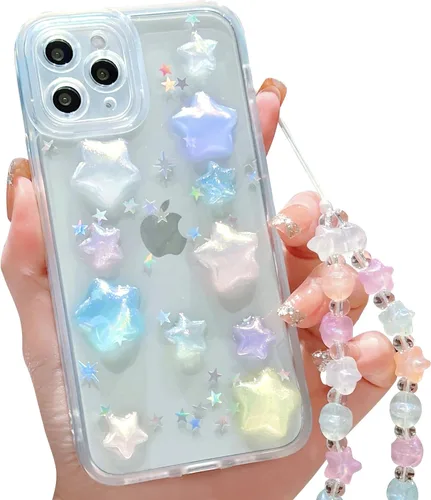 Vista 43 de Compatible con iPhone 11 Pro Funda Transparente Bonita con Diseño de Estrella con Purpurina en 3D con Perlas y Pulsera de Perlas, Diseño de Cadena