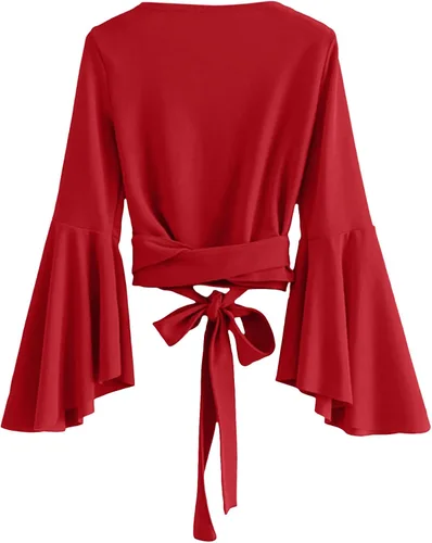 Vista 2 de SweatyRocks Blusa corta de manga larga con cuello en V para mujer, con nudo y vendaje