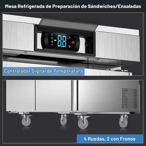 Vista 8 de Coolski mesa comercial para preparar sándwiches y ensaladas, refrigerador comercial de 48 pulgadas con 2 puertas y 12 bandejas, refrigerador