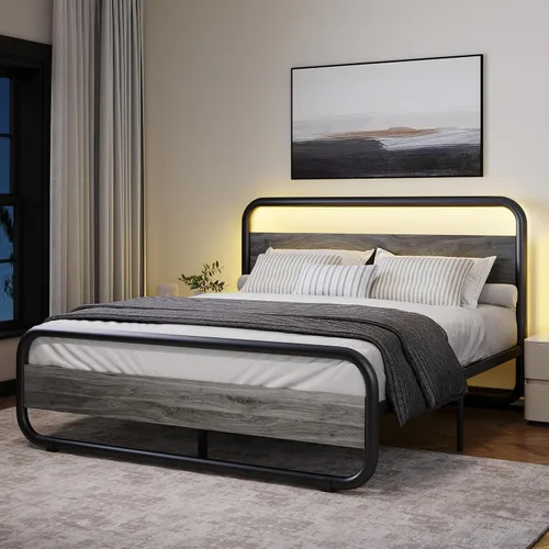 Vista 9 de Catrimown - Marco para cama individual con luces LED, marco de cama plataforma individual resistente de metal rústico con cabecera de madera